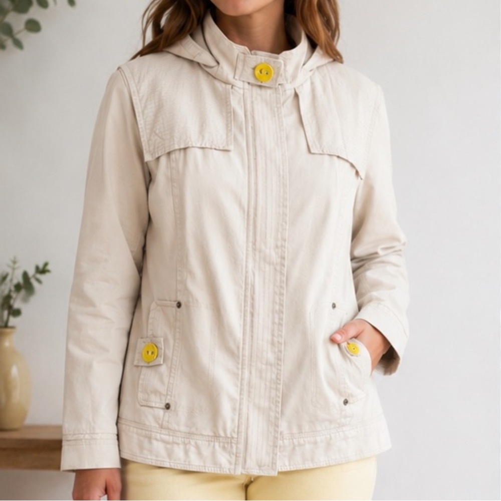 Women’s size large CoffeeShop Cream Hooded Jacket with Yellow Button Accents